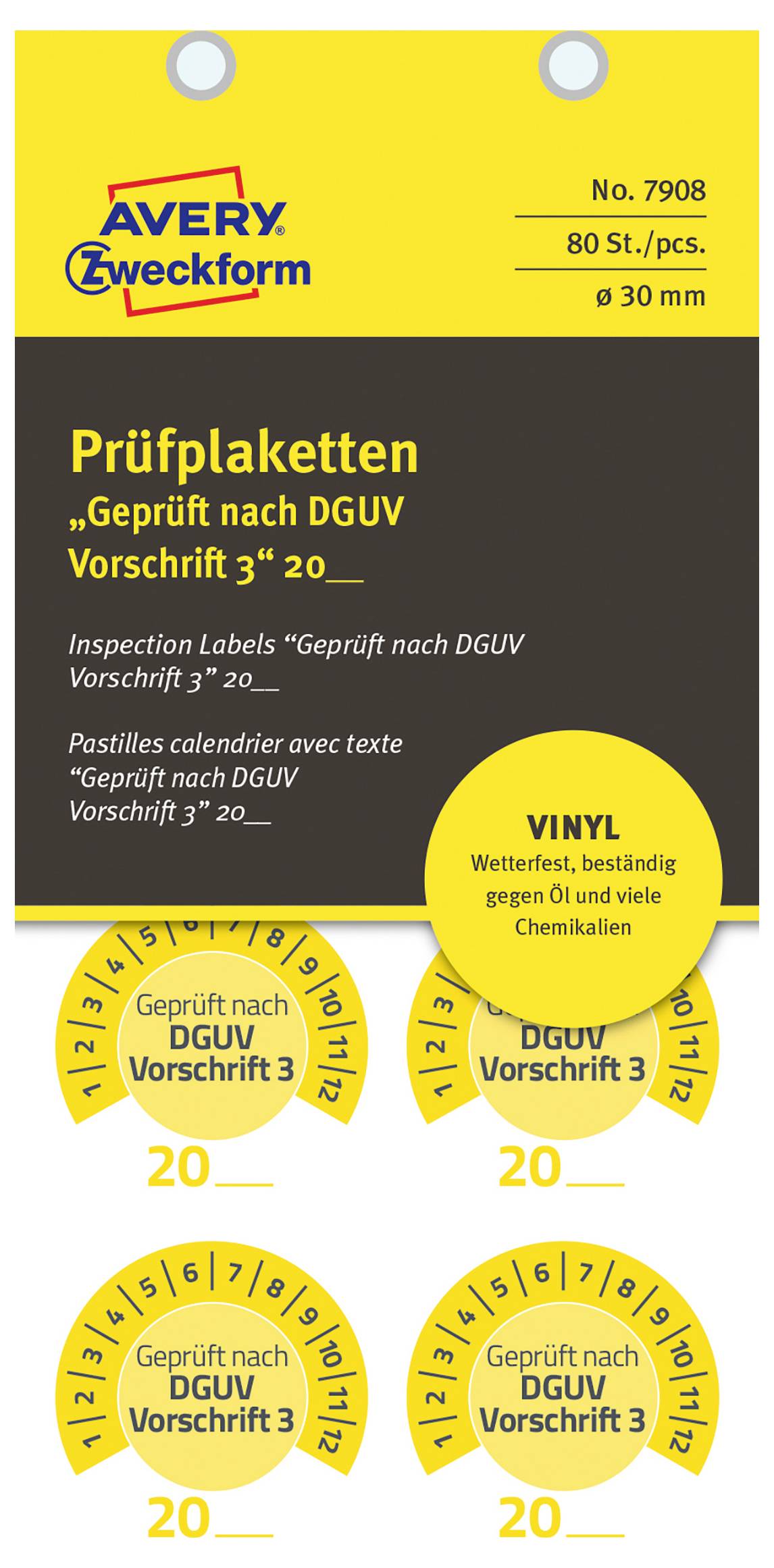Avery-Zweckform 7908 plaketa o zkoušce Geprüft nach DGUV Vorschrift 3 20XX žlutá samolepicí fólie (Ø x d) 30 mm x 30 mm 30 mm DGUV 80 ks