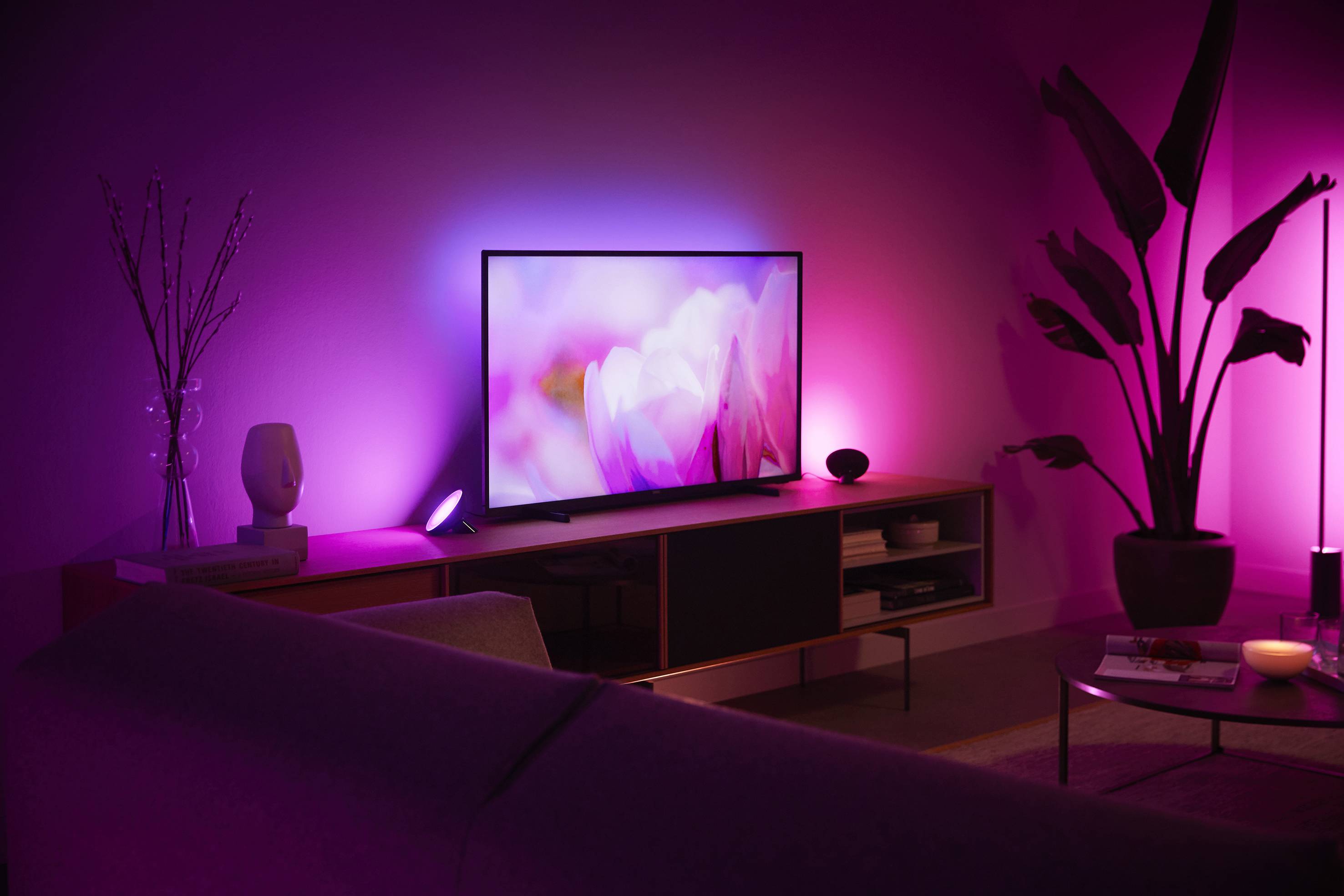 Obývací pokoj s růžovým osvětlením. Televize zobrazuje obrázek květin. Rostliny a dekorace doplňují moderní interiér.