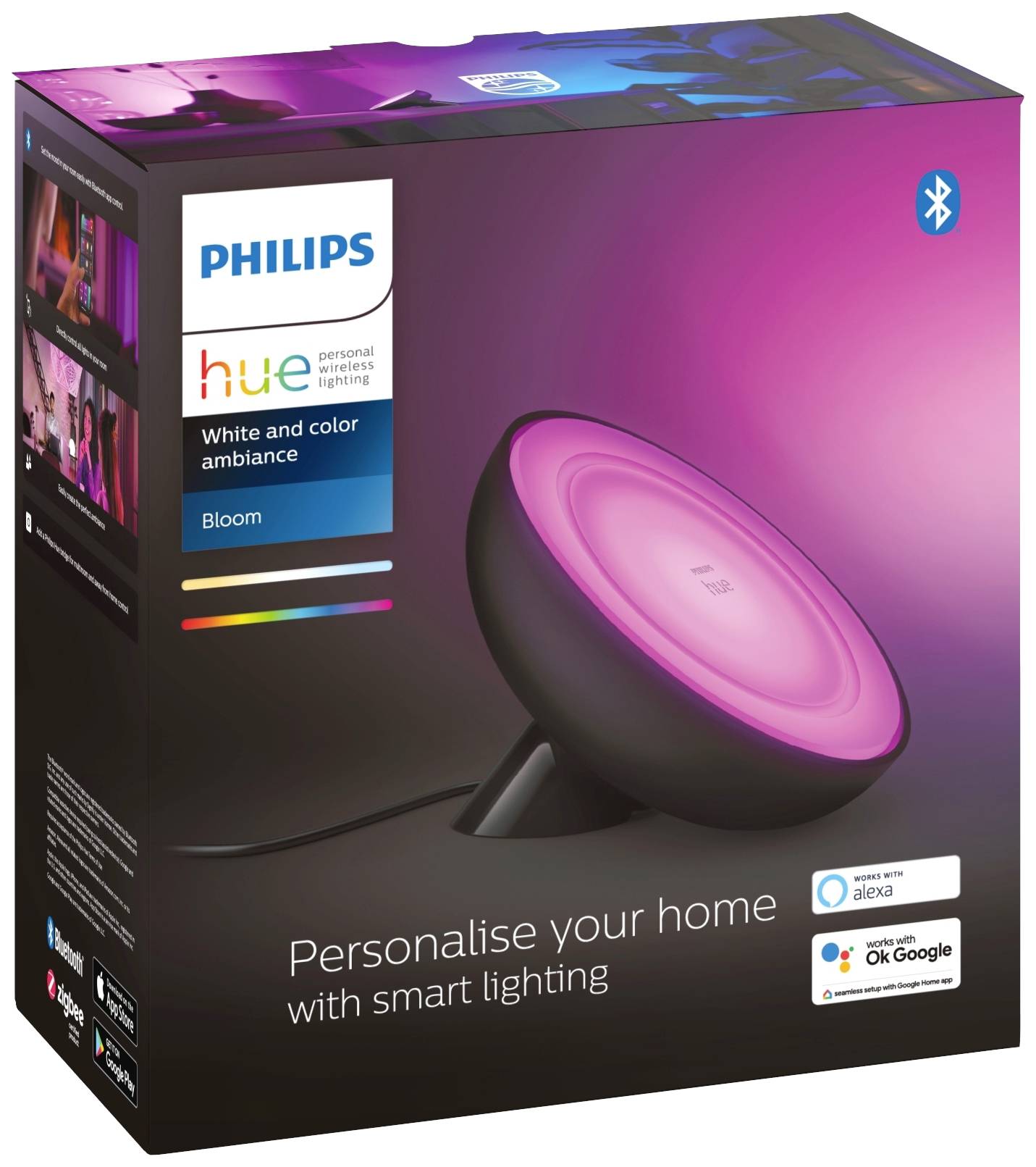 Philips Hue Bloom stolní lampa, vícebarevná, s Bluetooth a kompatibilitou s Alexou a Google Asistentem, personalizovatelné ambientní osvětlení.