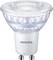 LED žárovka značky Philips s paticí GU10. Je průhledná a válcovitého tvaru, vhodná pro úsporné osvětlení.