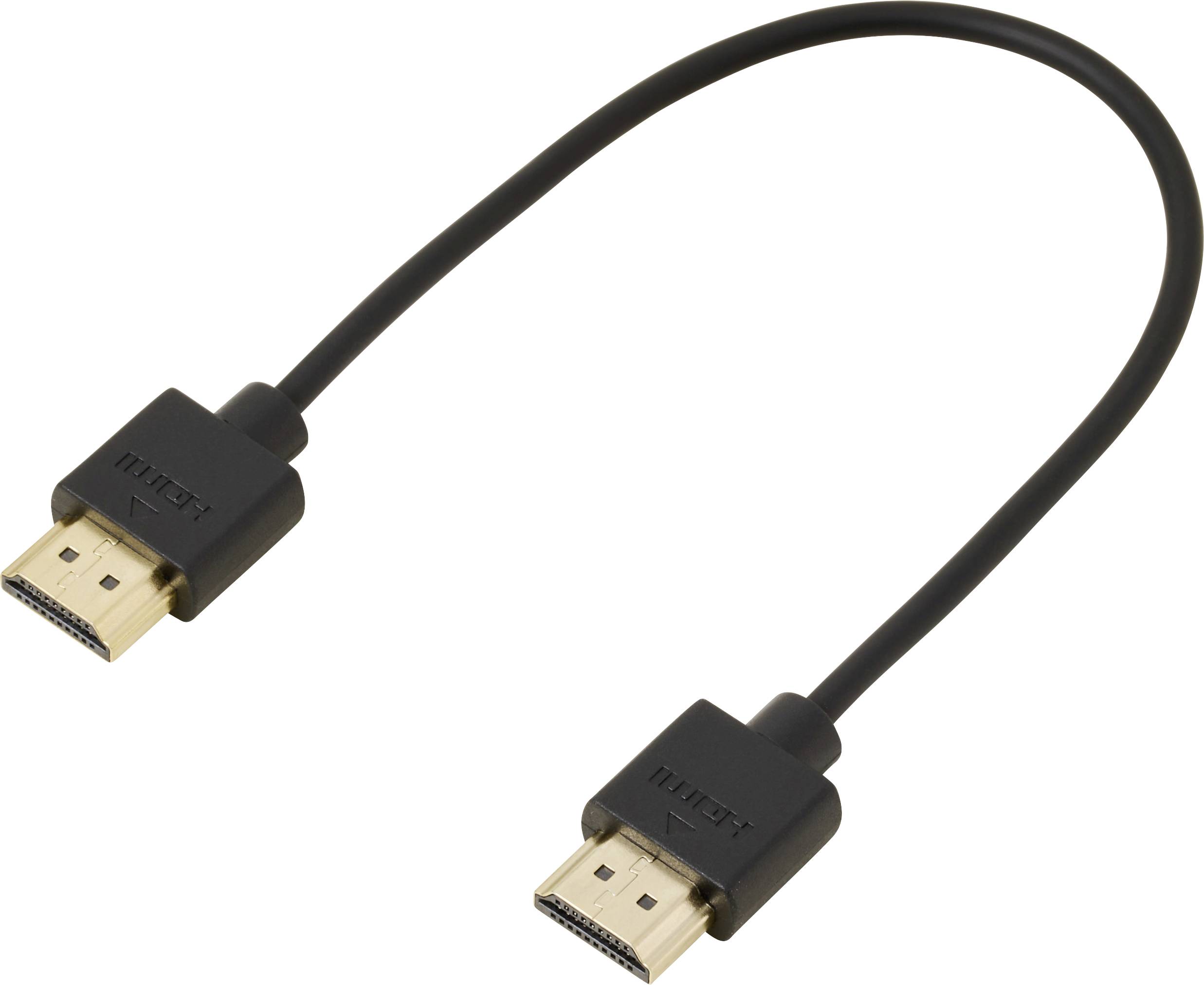 Černý HDMI kabel se dvěma konektory na každém konci, používaný pro přenos audio a video signálů mezi zařízeními.