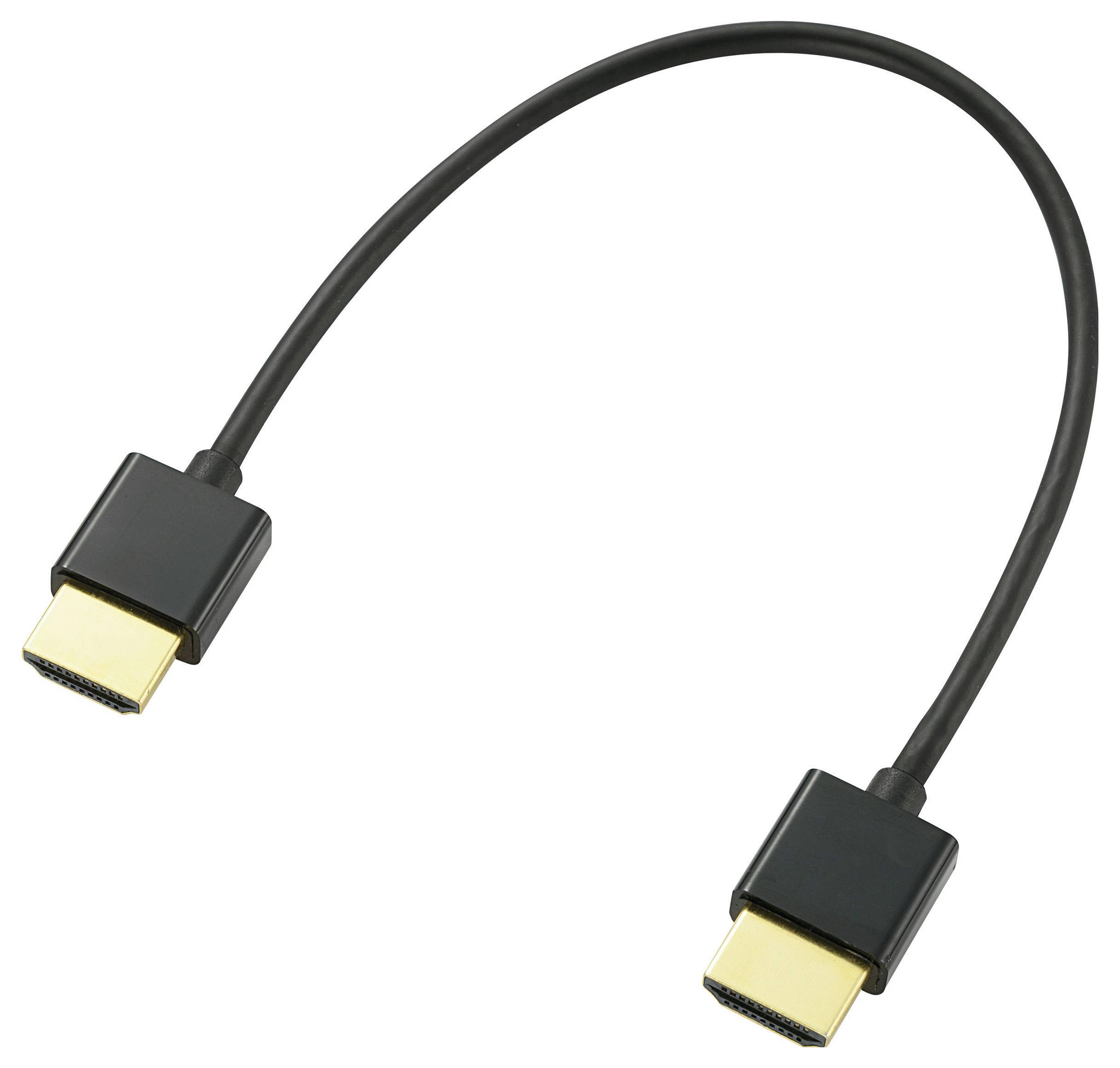 Černý HDMI kabel se zlatými konektory na obou koncích, používaný pro přenos audia a videa mezi zařízeními.