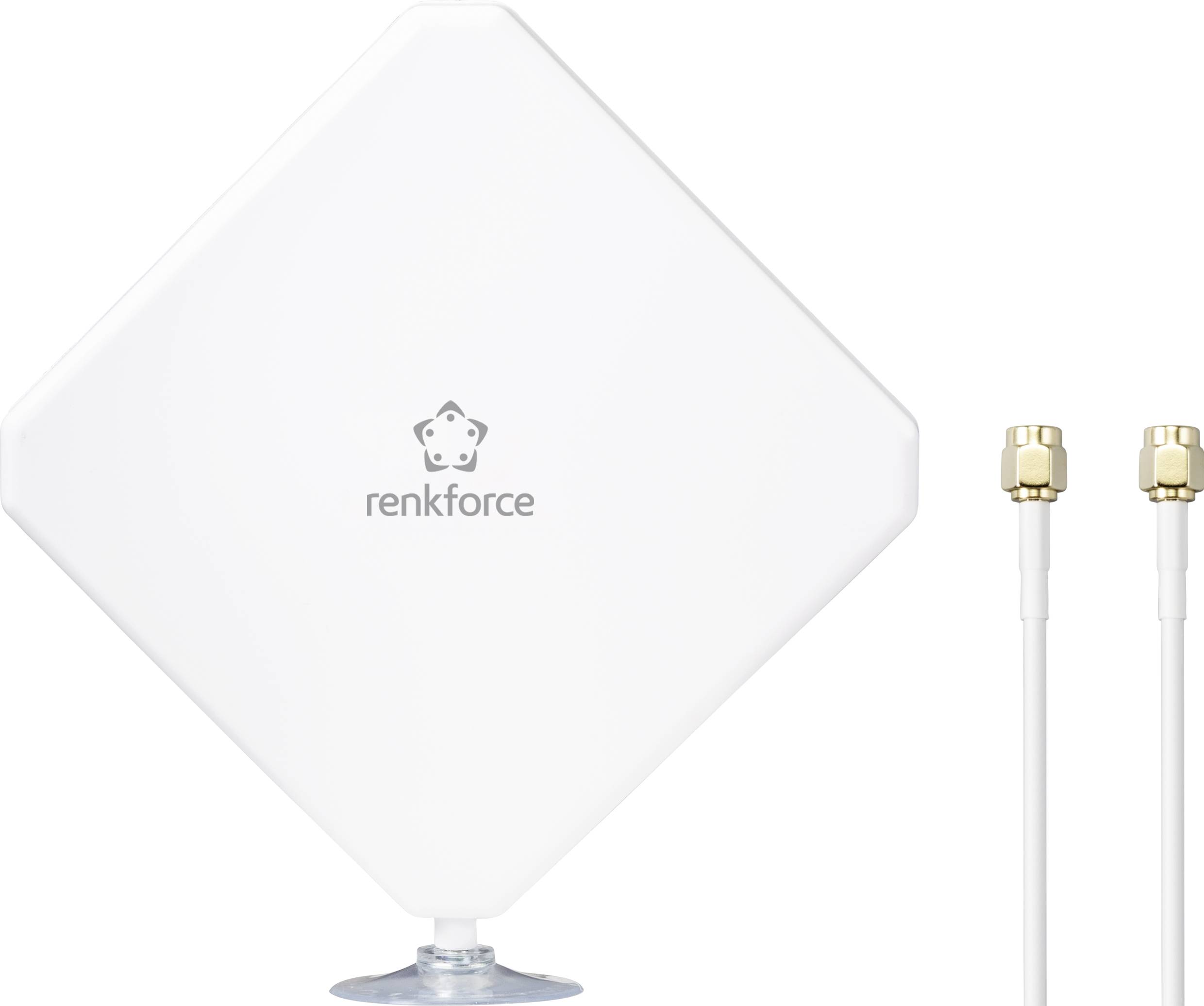 Čtvercová bílá venkovní směrová anténa od Renkforce se dvěma koaxiálními kabely. Vhodná pro LTE/4G připojení.