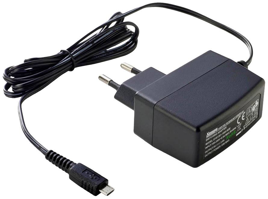 Černý napájecí adaptér s eurokonektorem a micro-USB portem, vhodný pro nabíjení zařízení jako jsou smartphony nebo tablety.