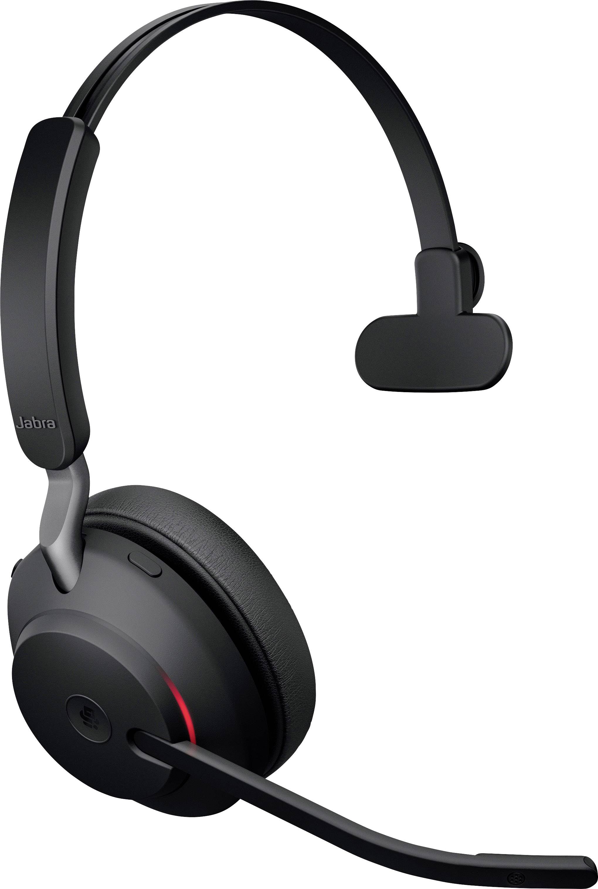 Černá jednostranná bluetooth sluchátka s mikrofonním ramenem, vhodná pro komunikaci v kancelářích nebo domácích pracovnách.