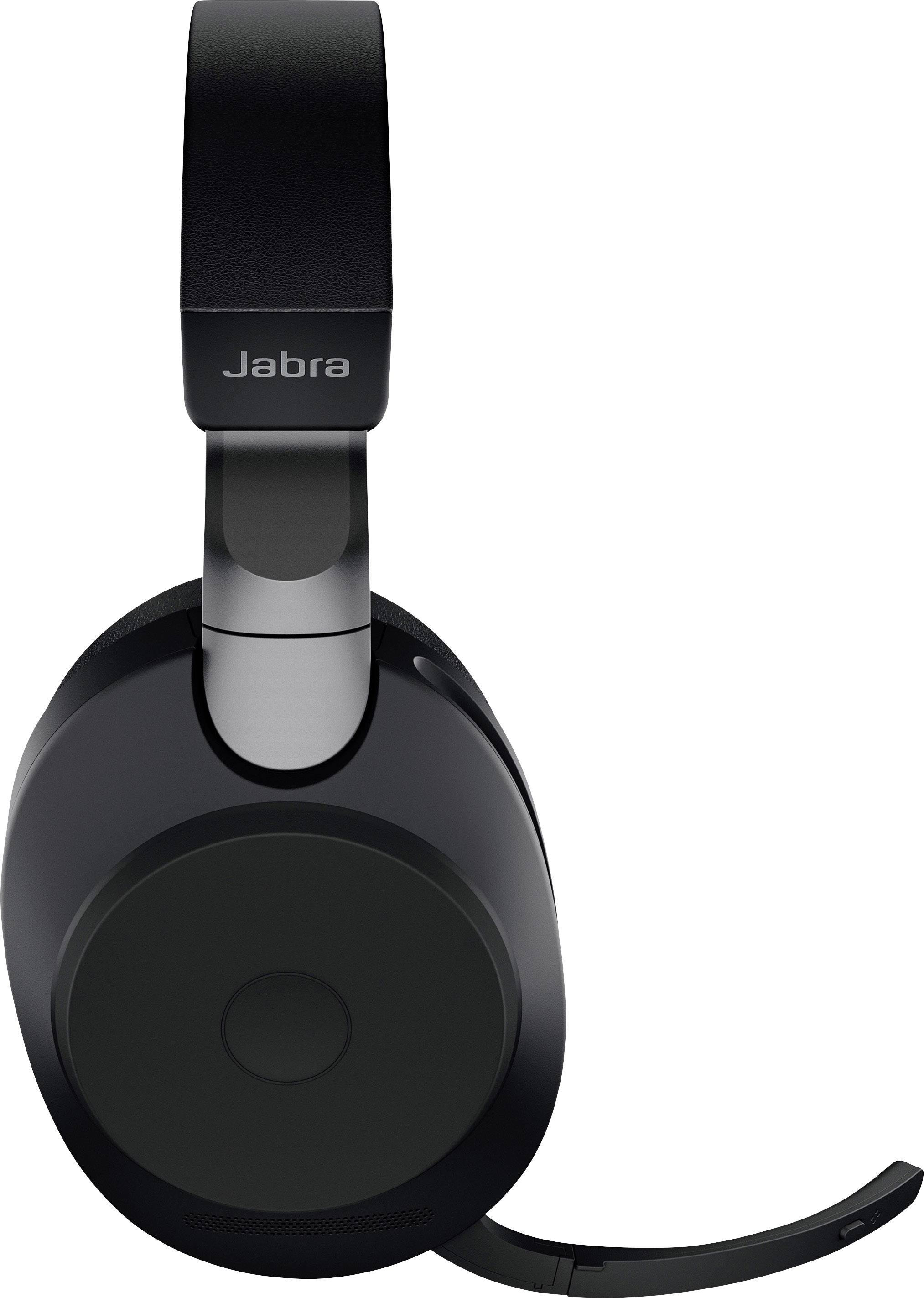Černá sluchátka Jabra s širokým polstrovaným obloukem a integrovaným mikrofonním ramenem, určená pro jasný zvuk při telefonátech a poslechu hudby.