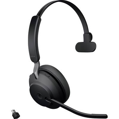 Černá bluetooth náhlavní souprava s jedním sluchátkem a mikrofonním ramenem, určená pro bezdrátovou komunikaci.