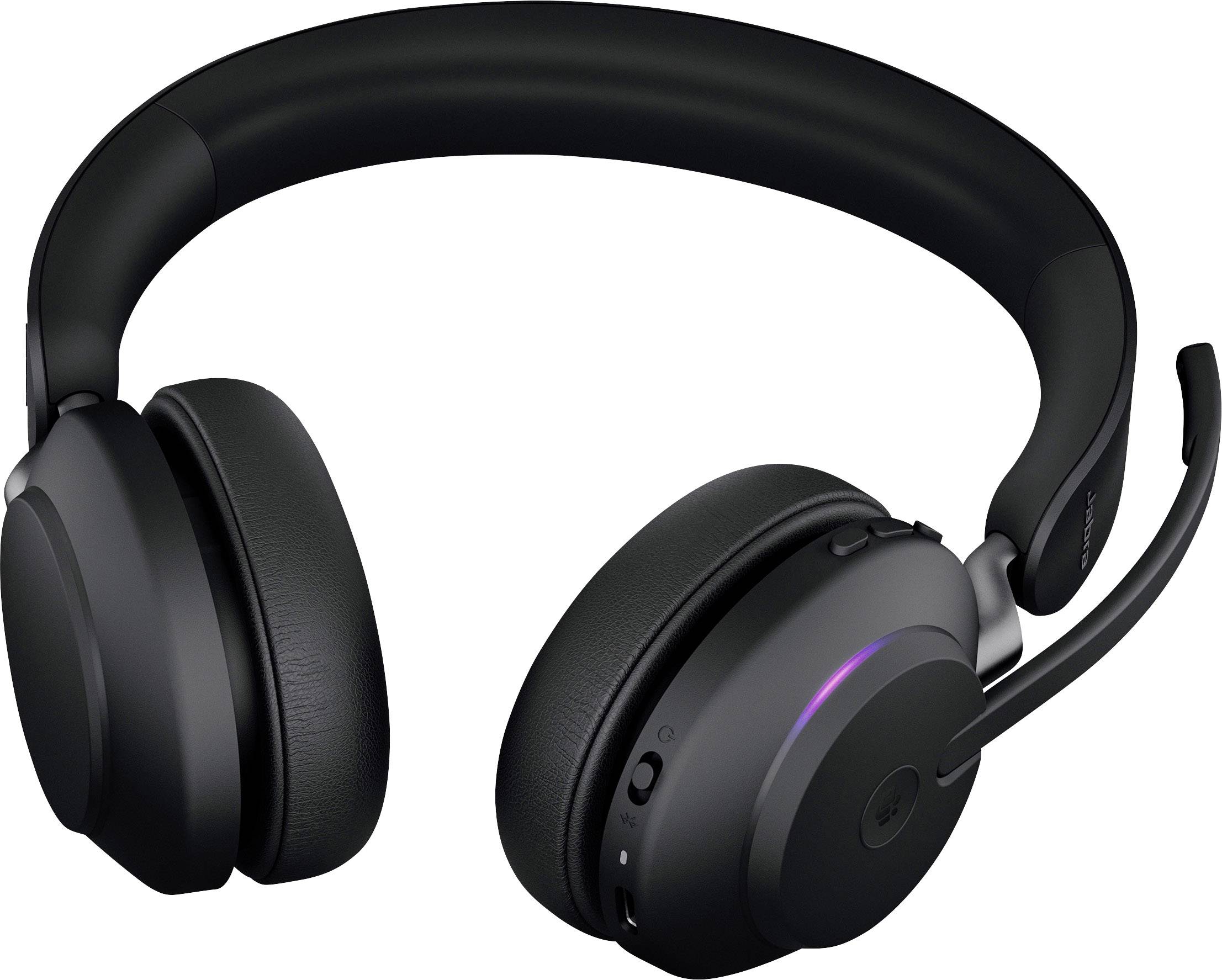 Černá bezdrátová over-ear sluchátka s integrovaným mikrofonem, vhodná pro hudbu a telefonování.