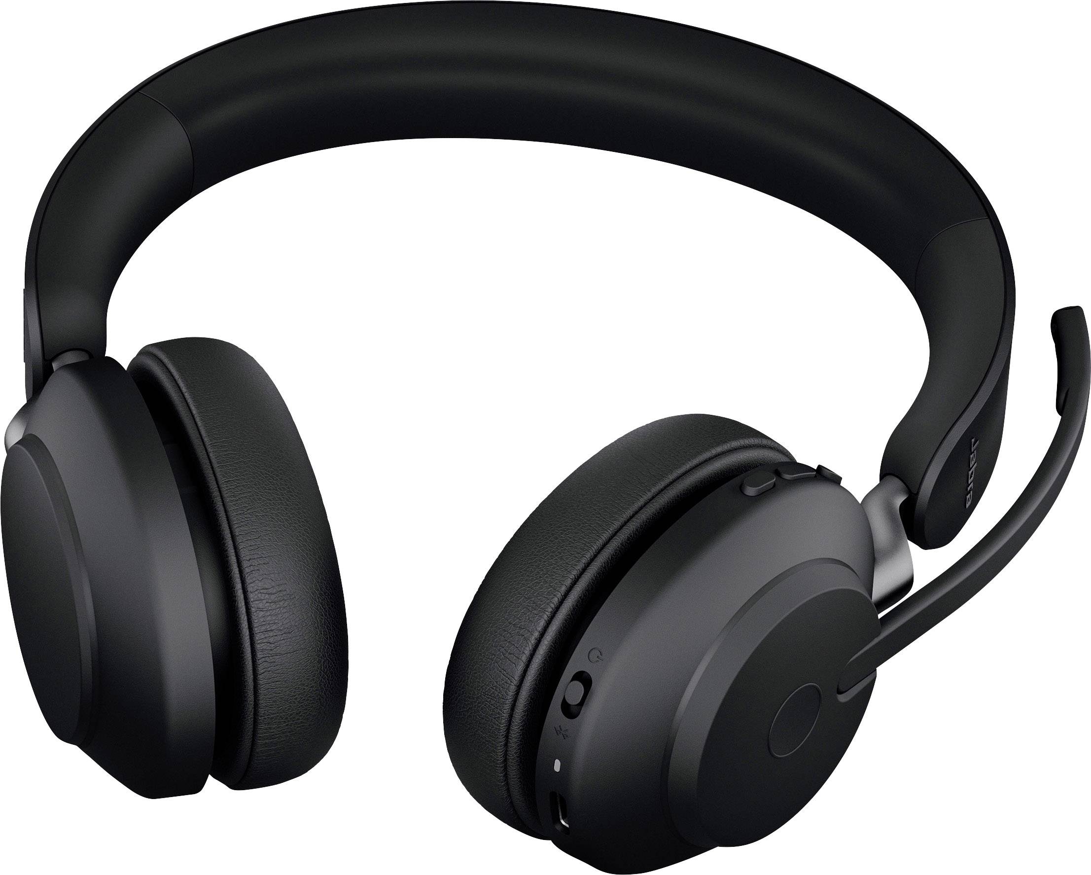 Černá bezdrátová over-ear sluchátka s mikrofonem, vhodná pro telefonování a poslech hudby, zobrazená na bílém pozadí.