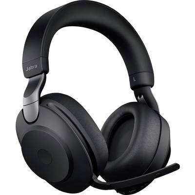 Černá bezdrátová Over-Ear sluchátka s mikrofonem. Značka 'Jabra' na vnitřní straně oblouku. Ideální pro hudbu nebo hovory.