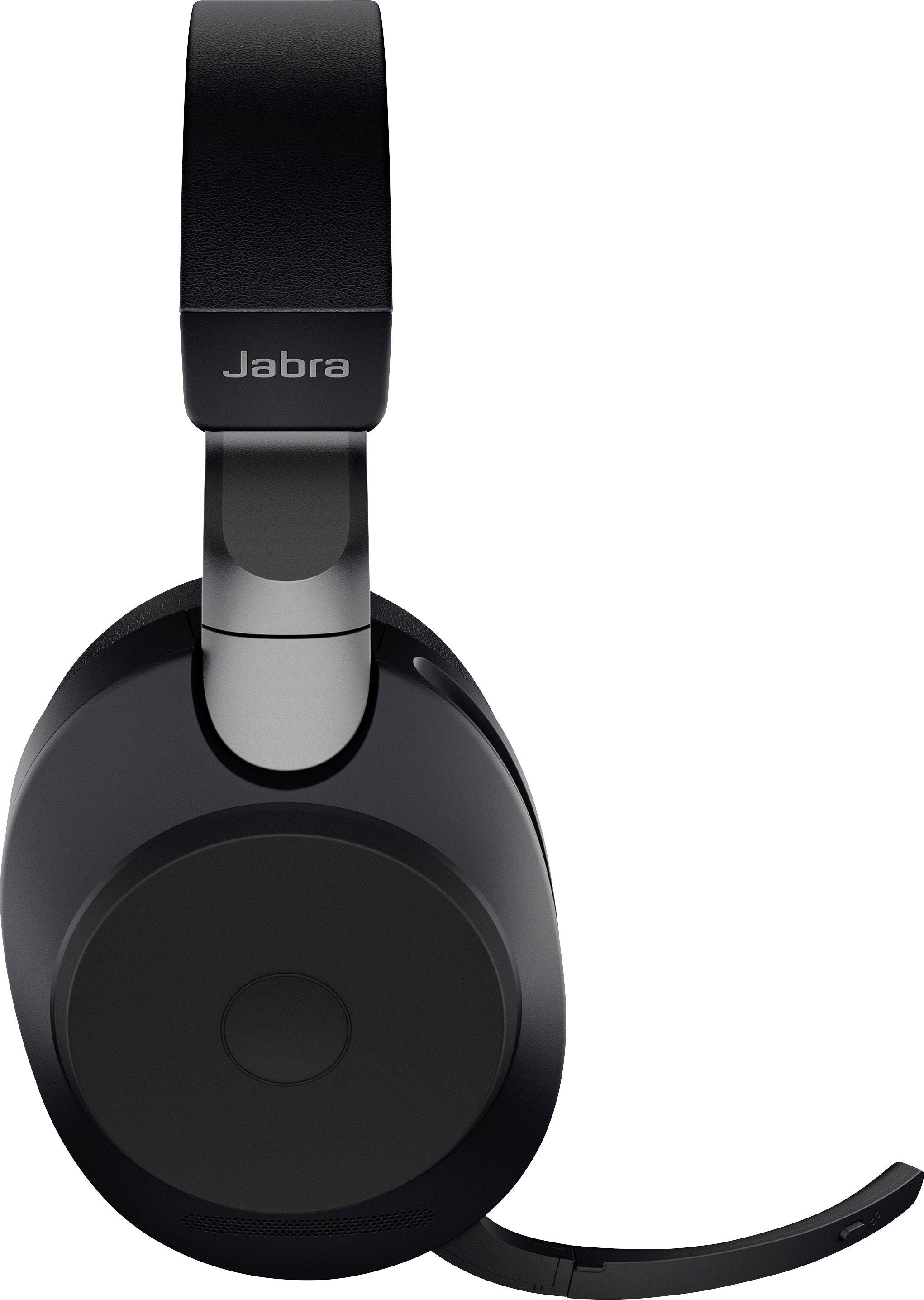 Černá over-ear sluchátka od Jabry s nastavitelným mikrofonním ramenem, vhodná pro profesionální komunikaci a hudbu.