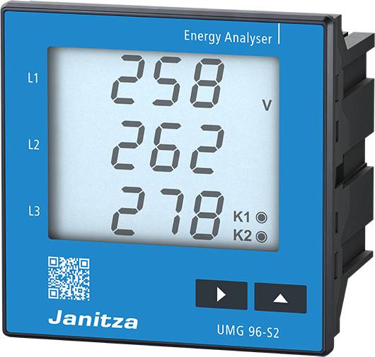 Měřicí přístroj zobrazuje třífázové napěťové hodnoty: L1 258V, L2 262V, L3 278V. Výrobce 'Janitza', model 'UMG 96-S2'.