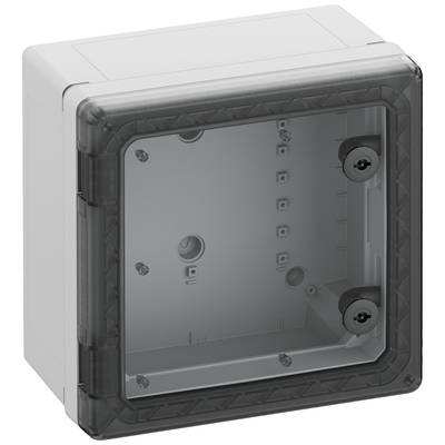 Šedá, prázdná rozvodná krabice s průhledným, odnímatelným víkem, vhodná pro instalaci elektrických komponentů.