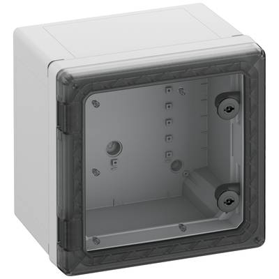 Šedočerný box s odnímatelným víkem, vhodný pro elektroinstalace. Vnitřní prostor s montážními otvory.