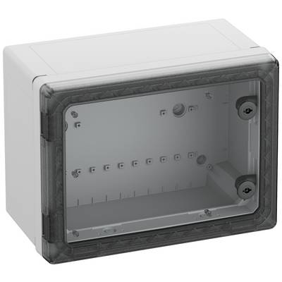 Šedivě průsvitná plastová krabice s odnímatelným víkem a několika montážními body. Vhodná pro elektroinstalace.
