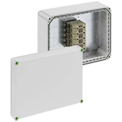 Pouzdro s odnímatelným krytem, zobrazující vnitřní svorkovnici pro kabelové připojení, vhodné pro elektroinstalace.