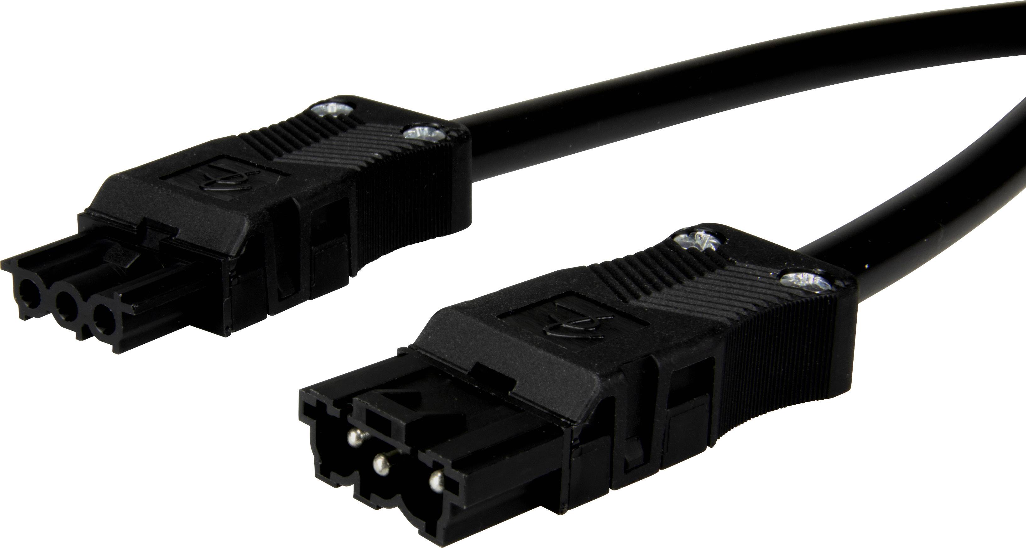 Černý napájecí kabel se dvěma speciálními konektory na každém konci, vhodný pro elektronická zařízení nebo stroje.