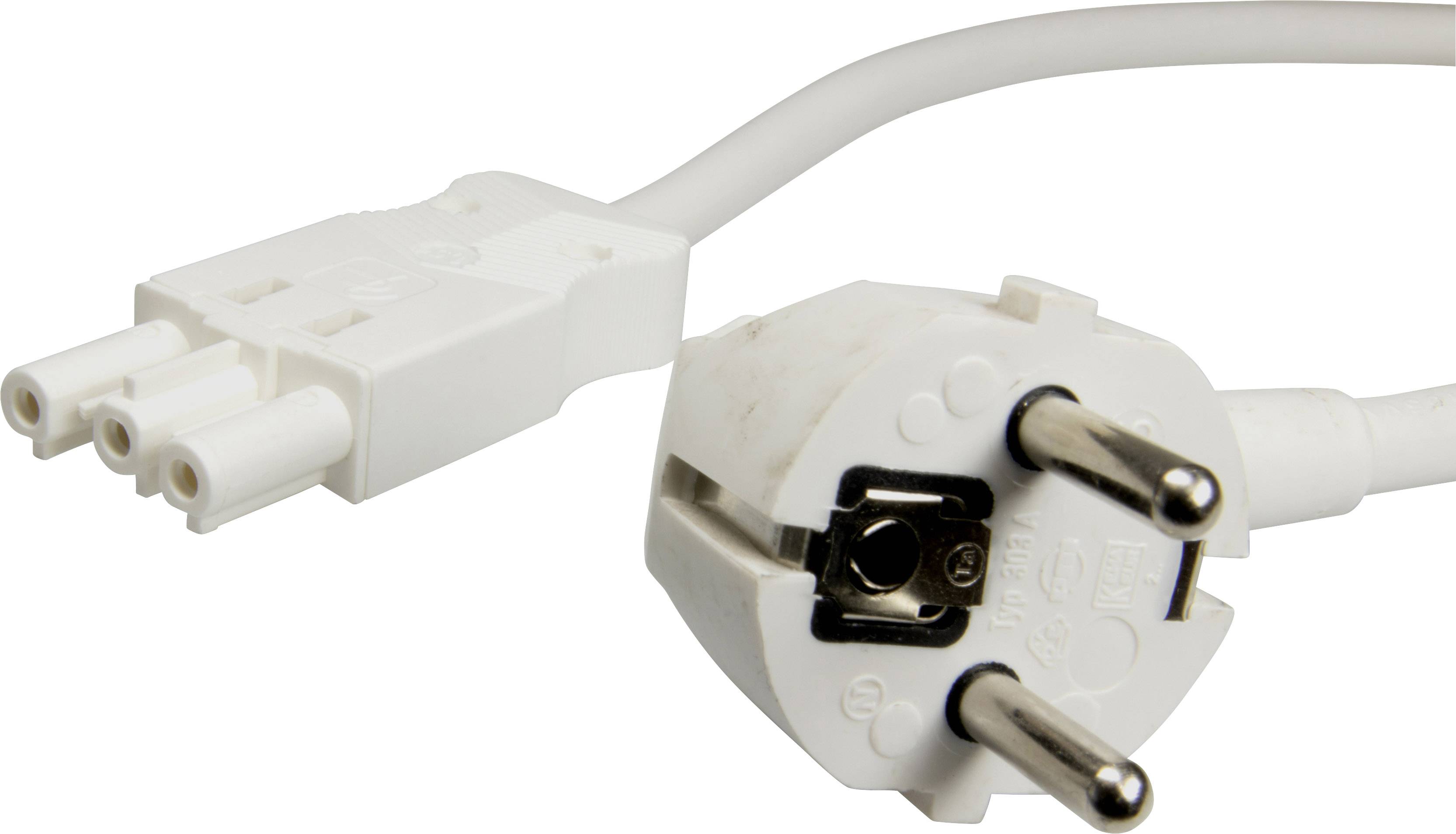 Bílý síťový kabel s třípólovým eurokonektorem a zásuvkou IEC C5, často používaný pro notebooky nebo podobná zařízení.