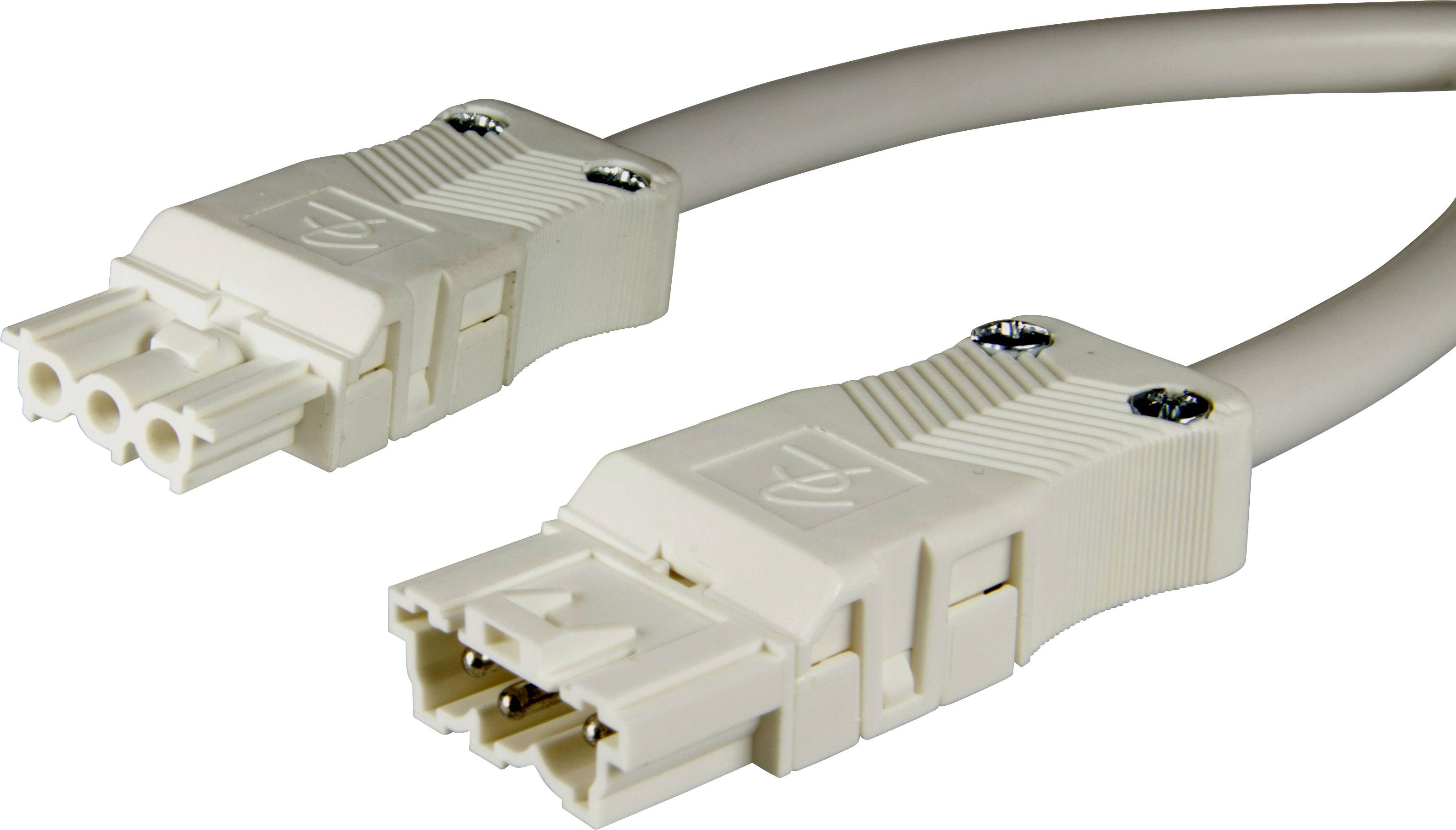 Bílý síťový kabel se dvěma obdélníkovými zástrčkami. Každá zástrčka má dva kovové kontakty a struktury pro lepší uchopení.