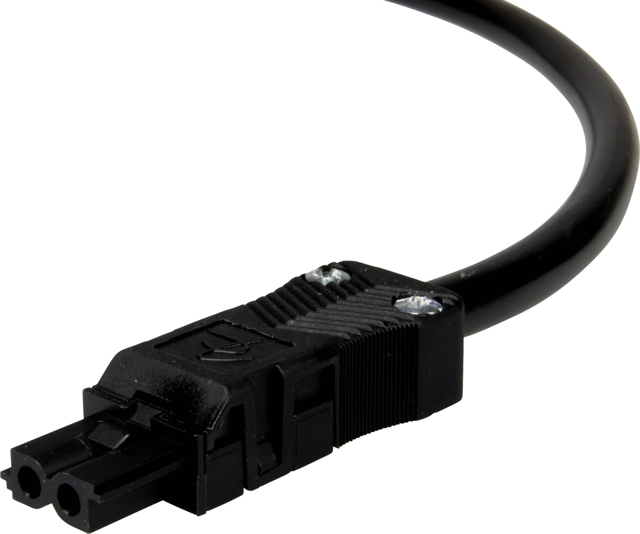 Černý síťový kabel zakončený dvoupólovým eurozásuvkovým konektorem, vhodný pro zařízení s nízkým příkonem.
