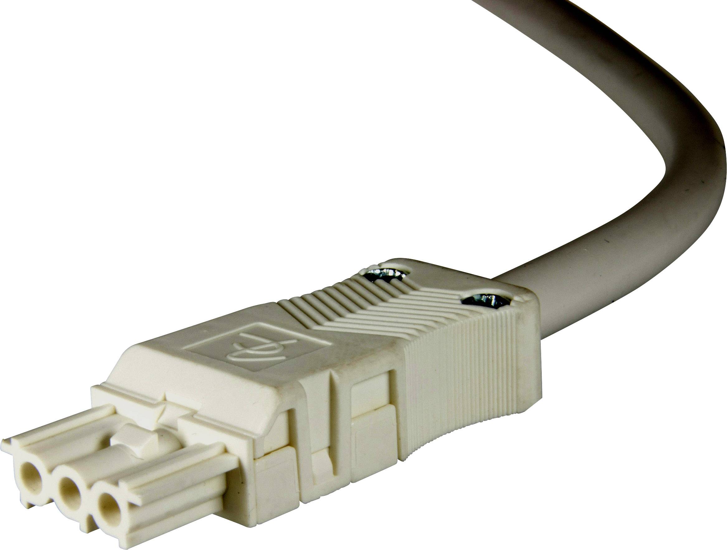 Bílý napájecí kabel se třemi kolíky, vhodný pro elektronická zařízení, na bílém pozadí.