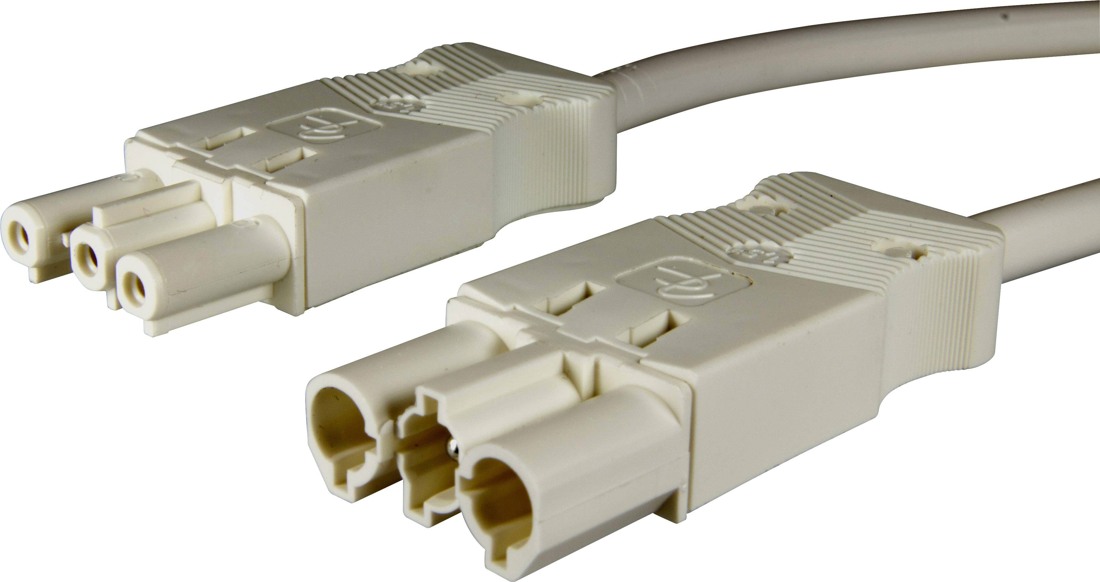 Dva bílé elektrické konektory s vytištěnými symboly. Jsou umístěny vedle sebe a každý z nich je vybaven třemi kontakty pro připojení.