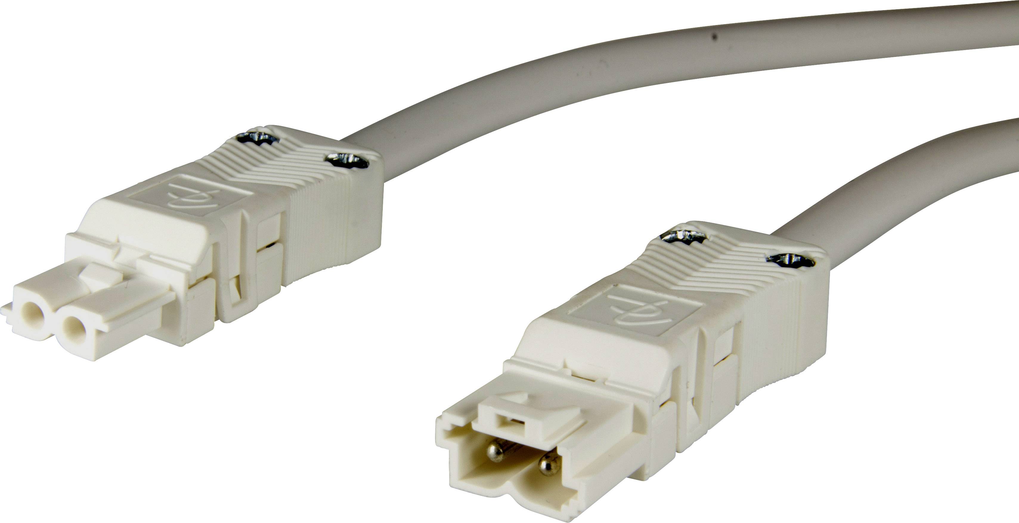 Kabel s dvěma bílými zástrčkami a jedním šedým kabelem.