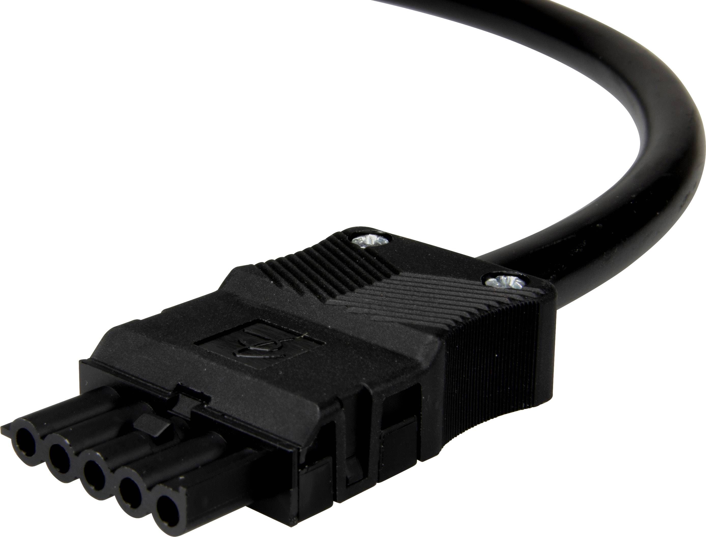 Černý pětikolíkový konektor s ohnutým kabelem, vhodný pro připojení v elektronických nebo elektrických systémech.