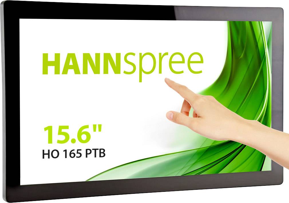 Prst ukazuje na černý 15,6palcový monitor s nápisem 'HANNspree' a modelovým číslem 'HO 165 PTB' na obrazovce.