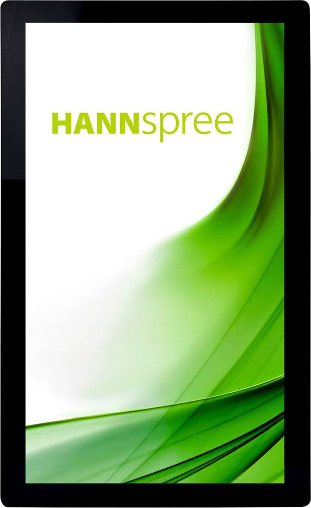 Digitální displej se zeleným zakřiveným designem. Vlevo nahoře je nápis 'HANNspree' zeleným písmem.