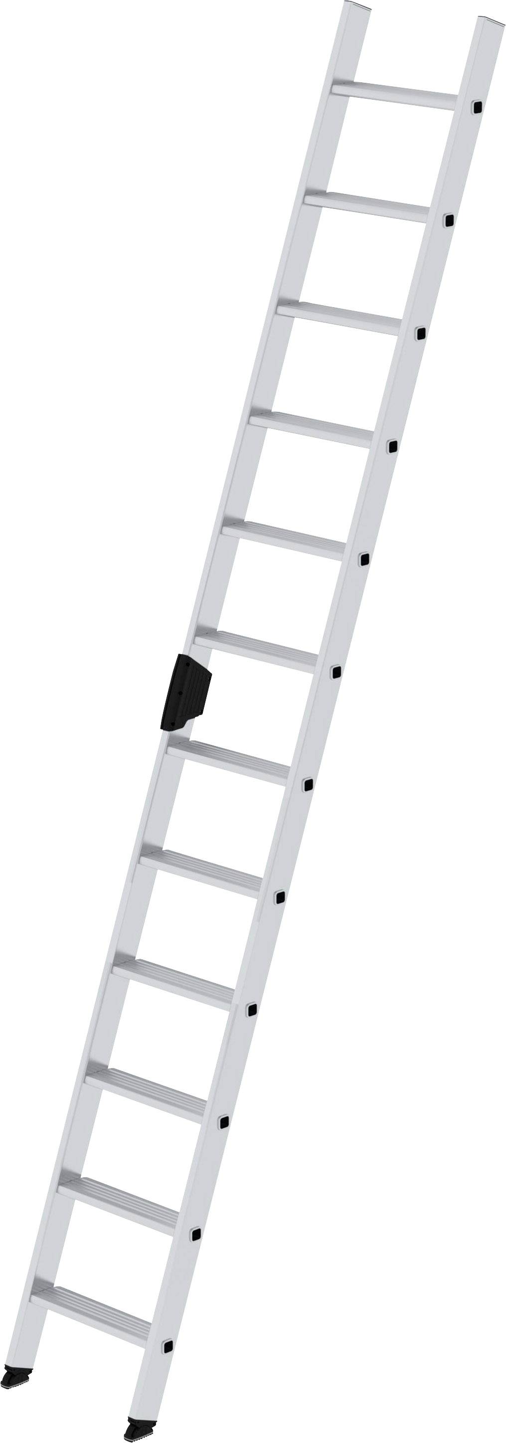Dlouhý, stříbrný hliníkový žebřík s několika příčkami, zobrazený v šikmém úhlu.