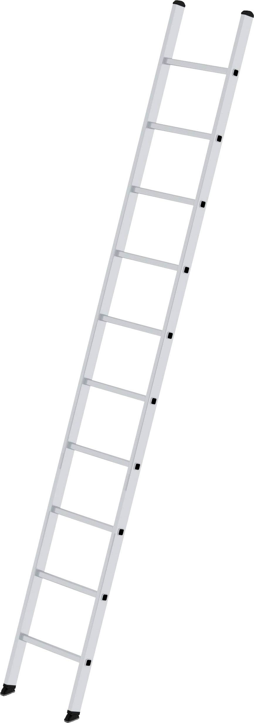 Dlouhý, rovný hliníkový žebřík se deseti příčkami, který stojí kolmo.
