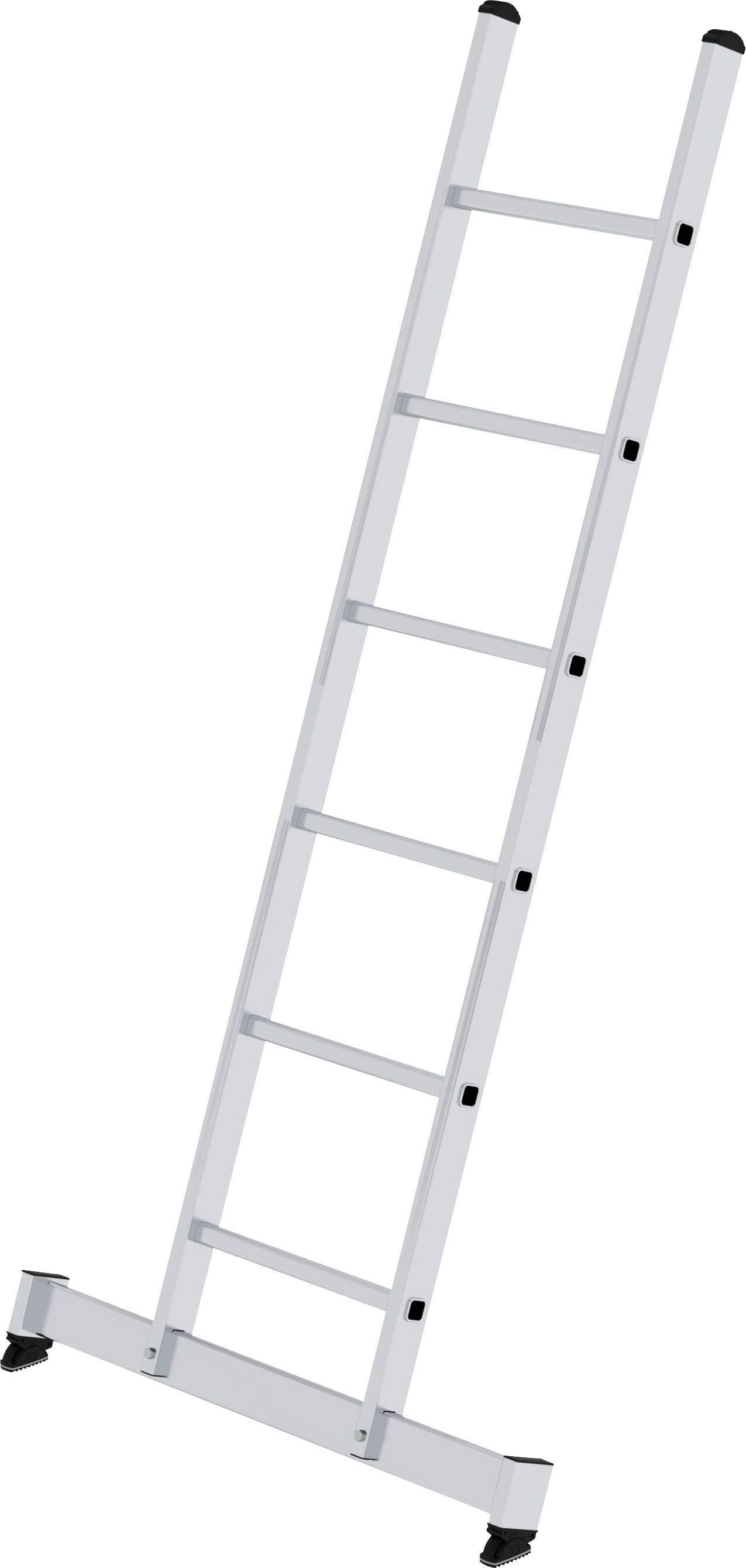 Bílý žebřík s osmi příčkami, vhodný pro práce ve výšce, umístěný na tvrdém povrchu.