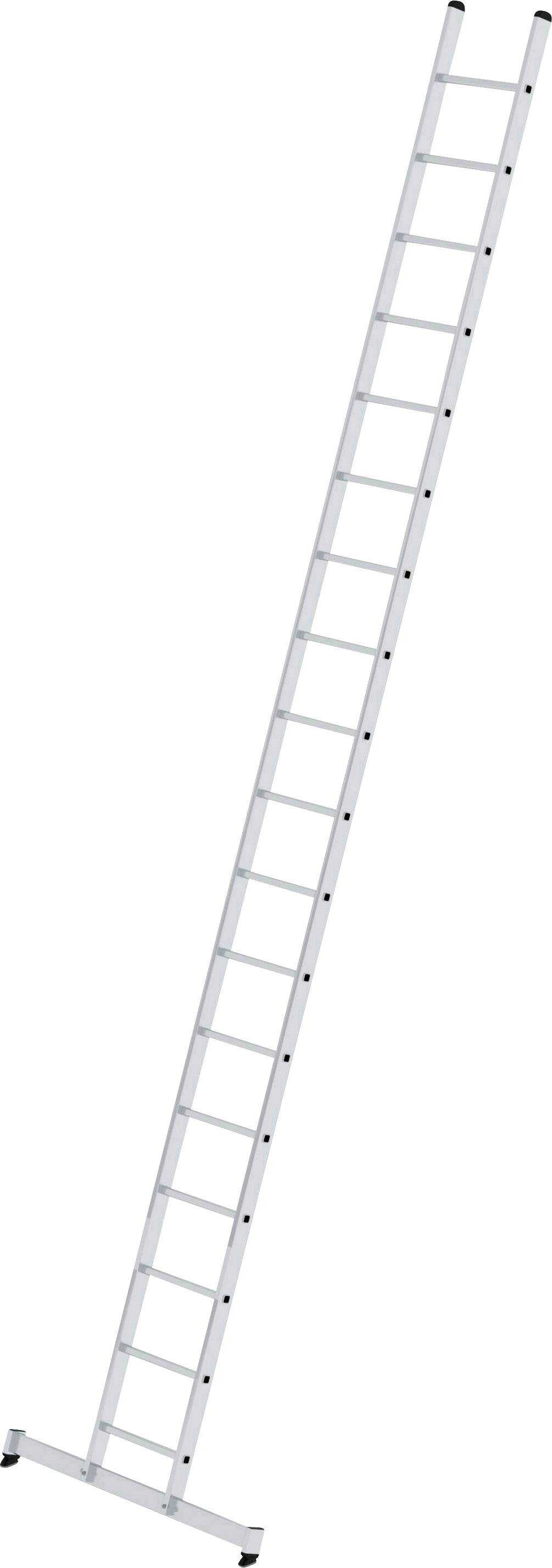 Dlouhý bílý žebřík se šestnácti stupni se opírá šikmo doleva.