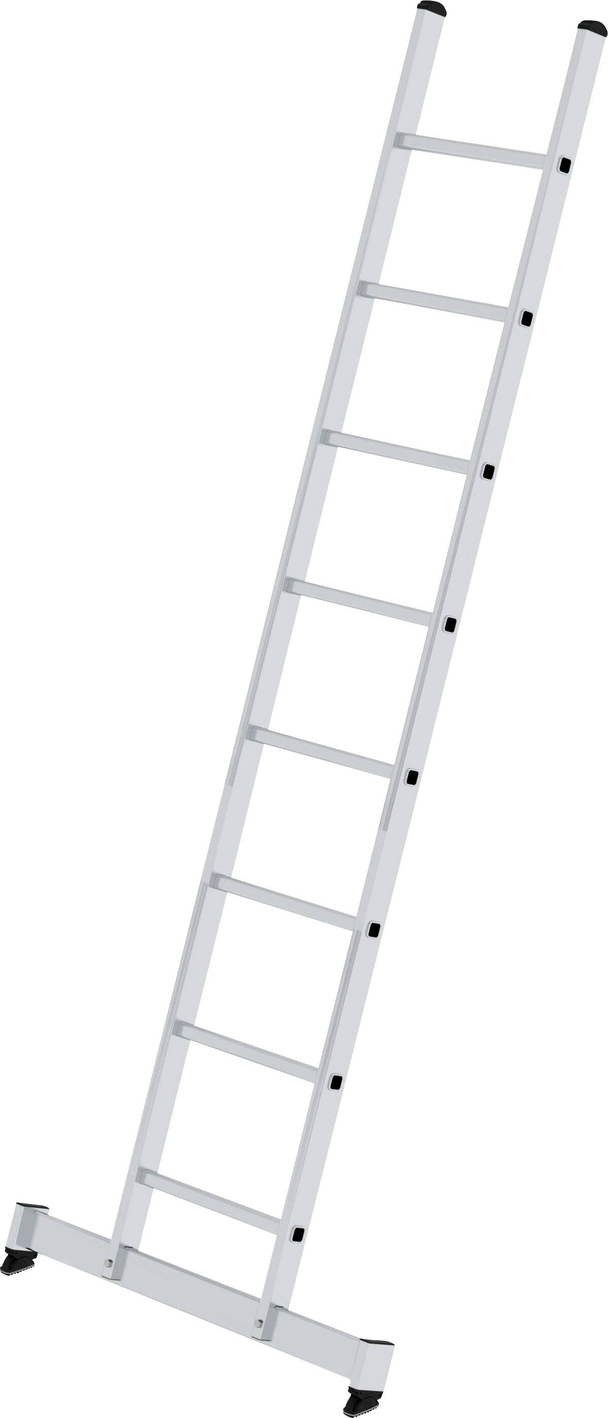 Stříbrný hliníkový žebřík s devíti příčkami, postavený šikmo. Má protiskluzové patky pro stabilitu.