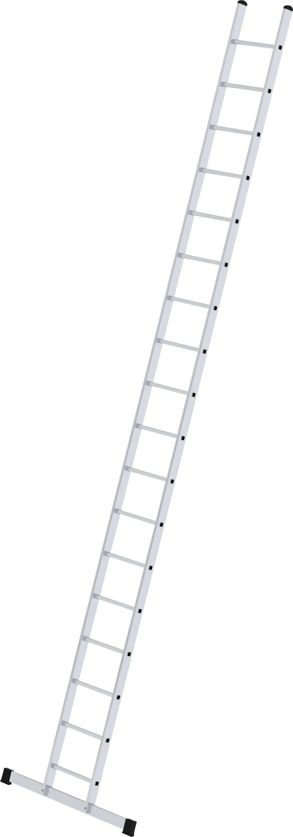 Bílý hliníkový žebřík s 15 příčkami, nakloněný doprava.
