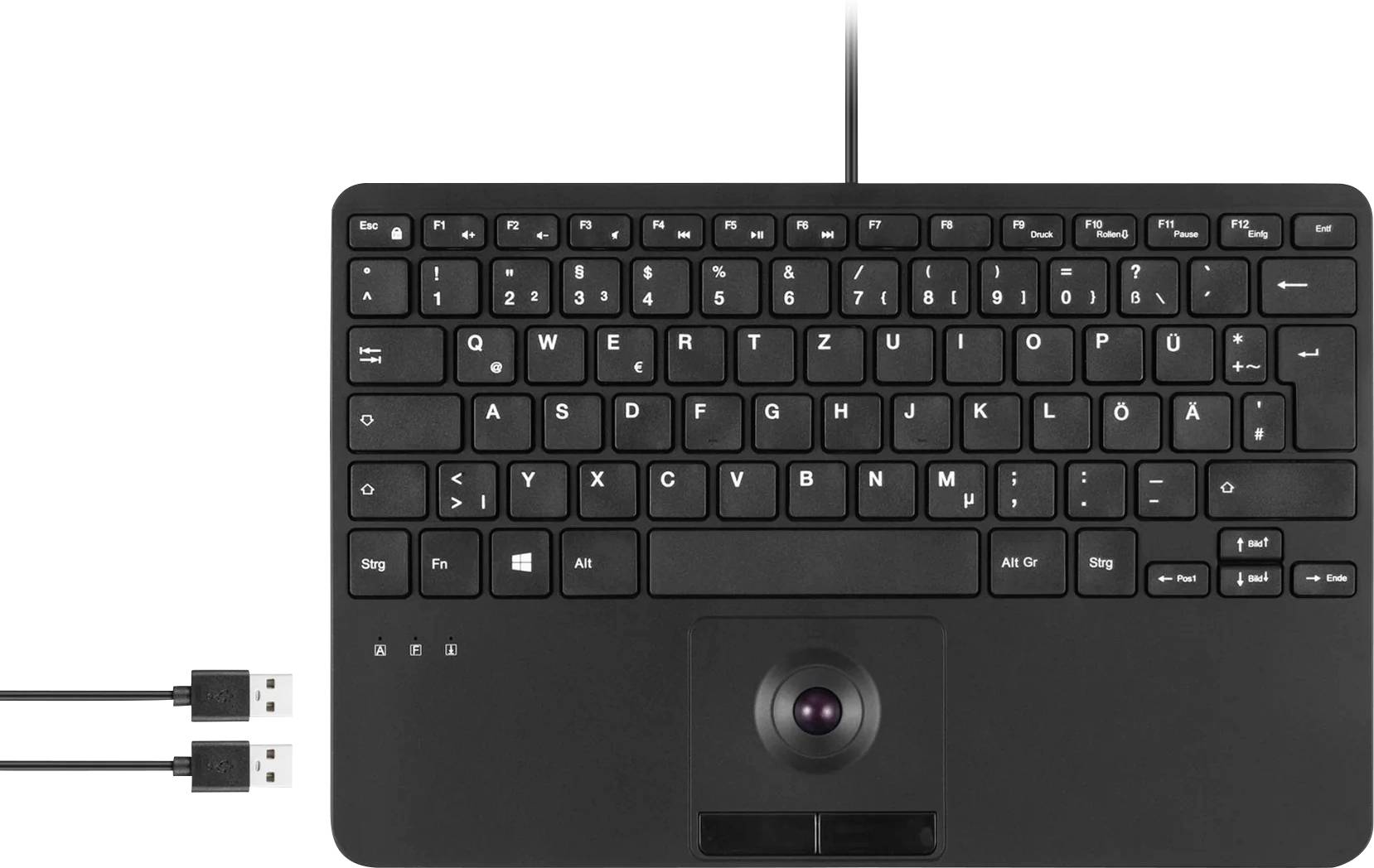 Černá klávesnice s bílými písmeny a integrovaným trackballem uprostřed dole, dva USB porty na levé straně.