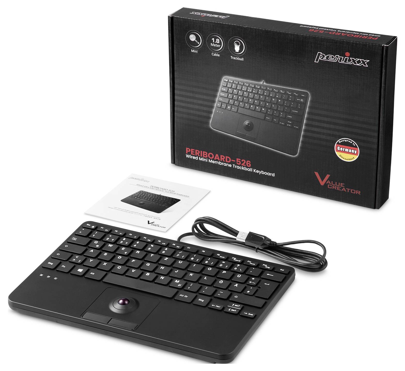 Černá klávesnice s integrovaným trackballem, USB kabel a návod k obsluze vedle obalu. Model: Periboard-526.