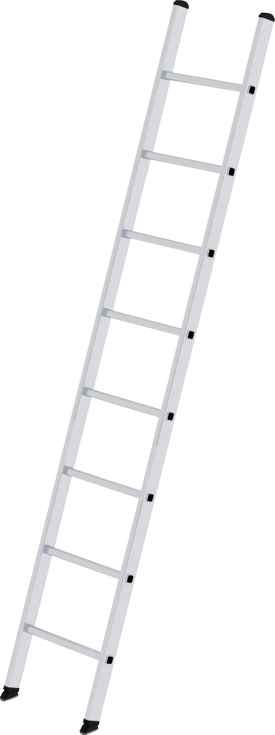 Rovný hliníkový žebřík s osmi příčkami, který stoupá nahoru. Často se používá k dosažení vyšších míst.