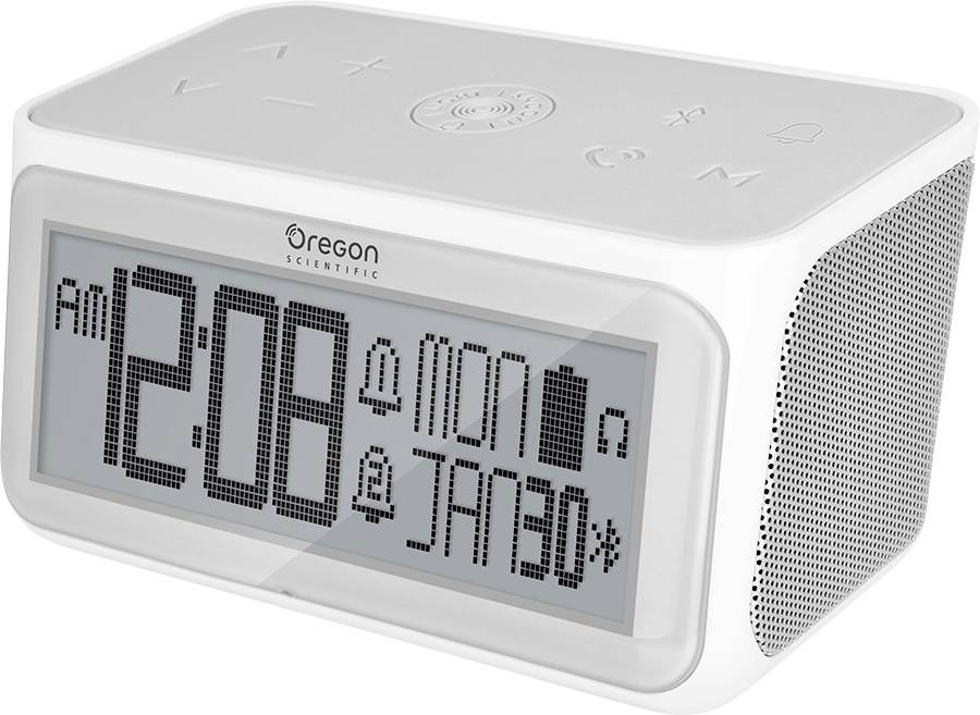 Digitální budík s velkým displejem zobrazuje '12:08 AM', pondělí 30. ledna. Po straně má reproduktor a nahoře dotykové tlačítka.