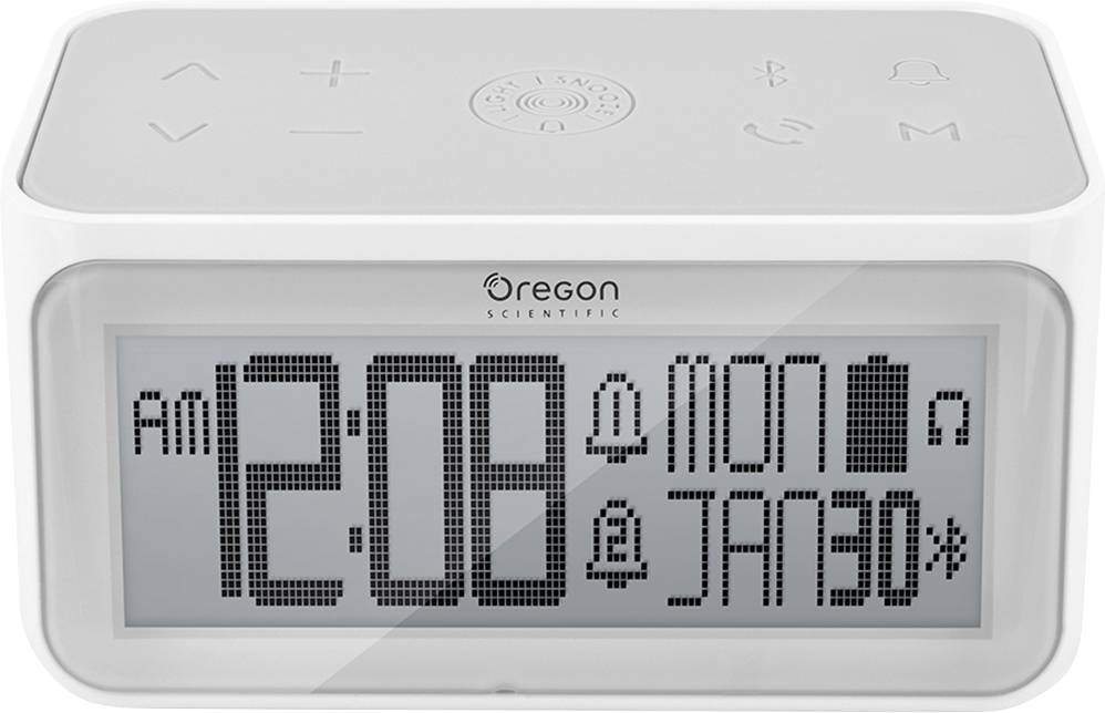 Digitální budík ukazuje '2:08 dop.', 'PO', '30. LED'