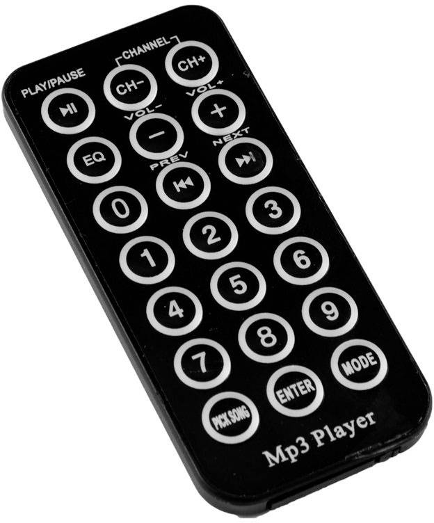 Černý dálkový ovladač MP3 přehrávače s tlačítky pro přehrávání, pozastavení, hlasitost, kanály a numerické zadávání.