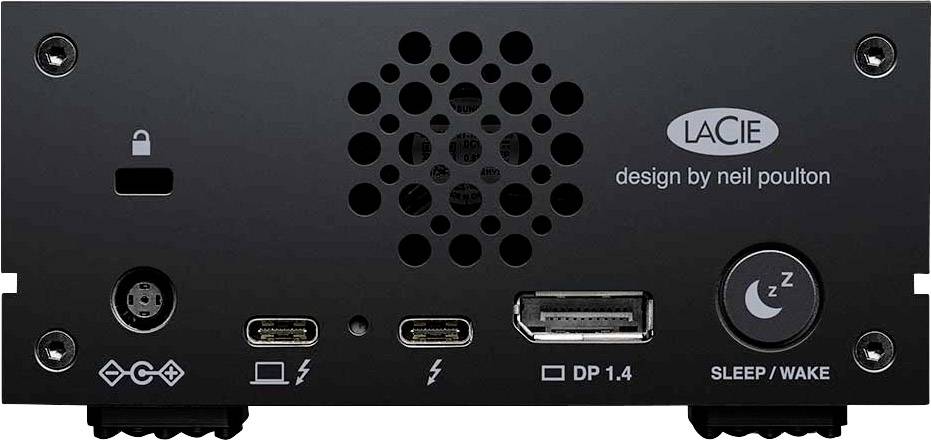 Zadní strana zařízení LaCie s různými porty: napájení, USB-C, DisplayPort 1.4 a tlačítko spánku/probuzení; design od Neila Poultona.