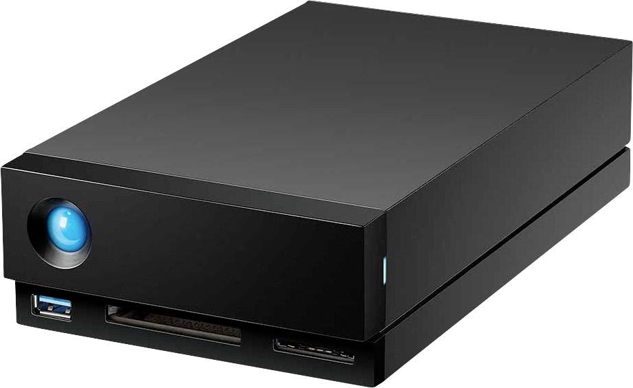 Externí černý externí disk s modrým indikačním světlem, několika konektory a štíhlým, moderním designem.