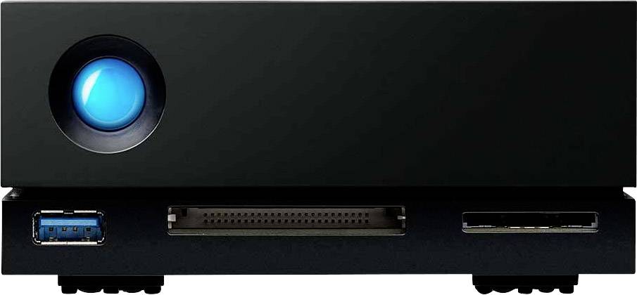 Černý externí pevný disk s modře svítící LED indikací a několika porty na přední straně.