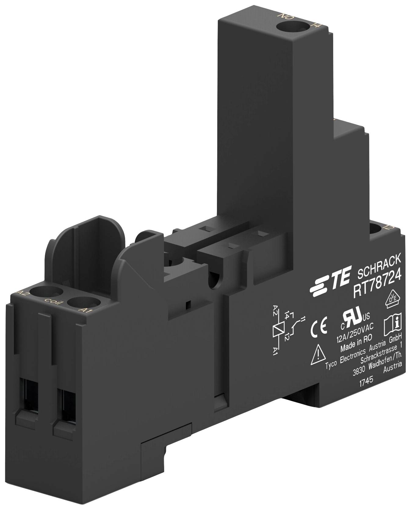 Elektrické relé společnosti TE Schrack, model RT87824, 12A, 250V AC, certifikováno CE, černé barvy, používané v elektrických rozváděčích.