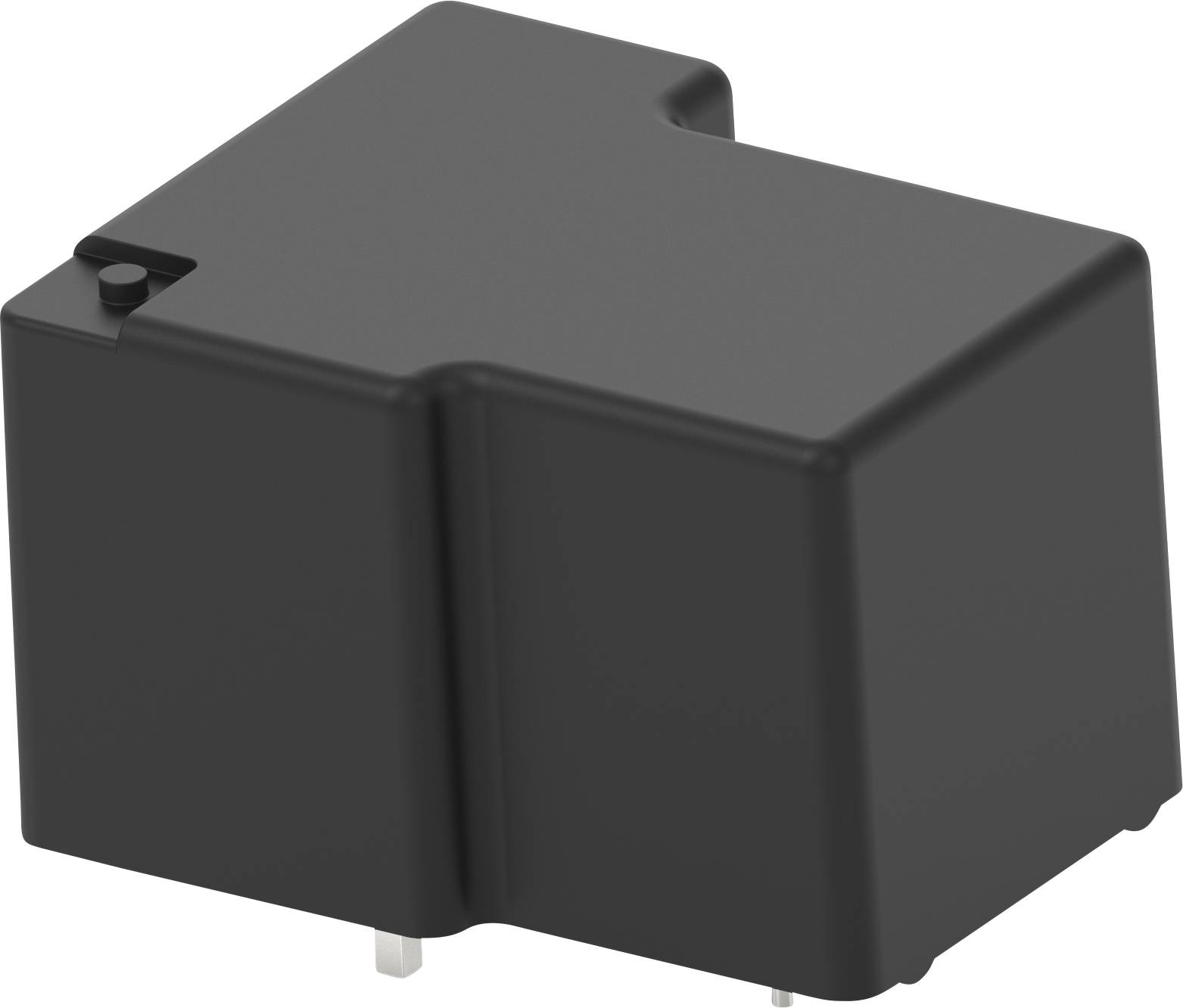 Černý plastový kryt, pravděpodobně elektronická součástka, se dvěma kovovými přípojkami na spodní straně.