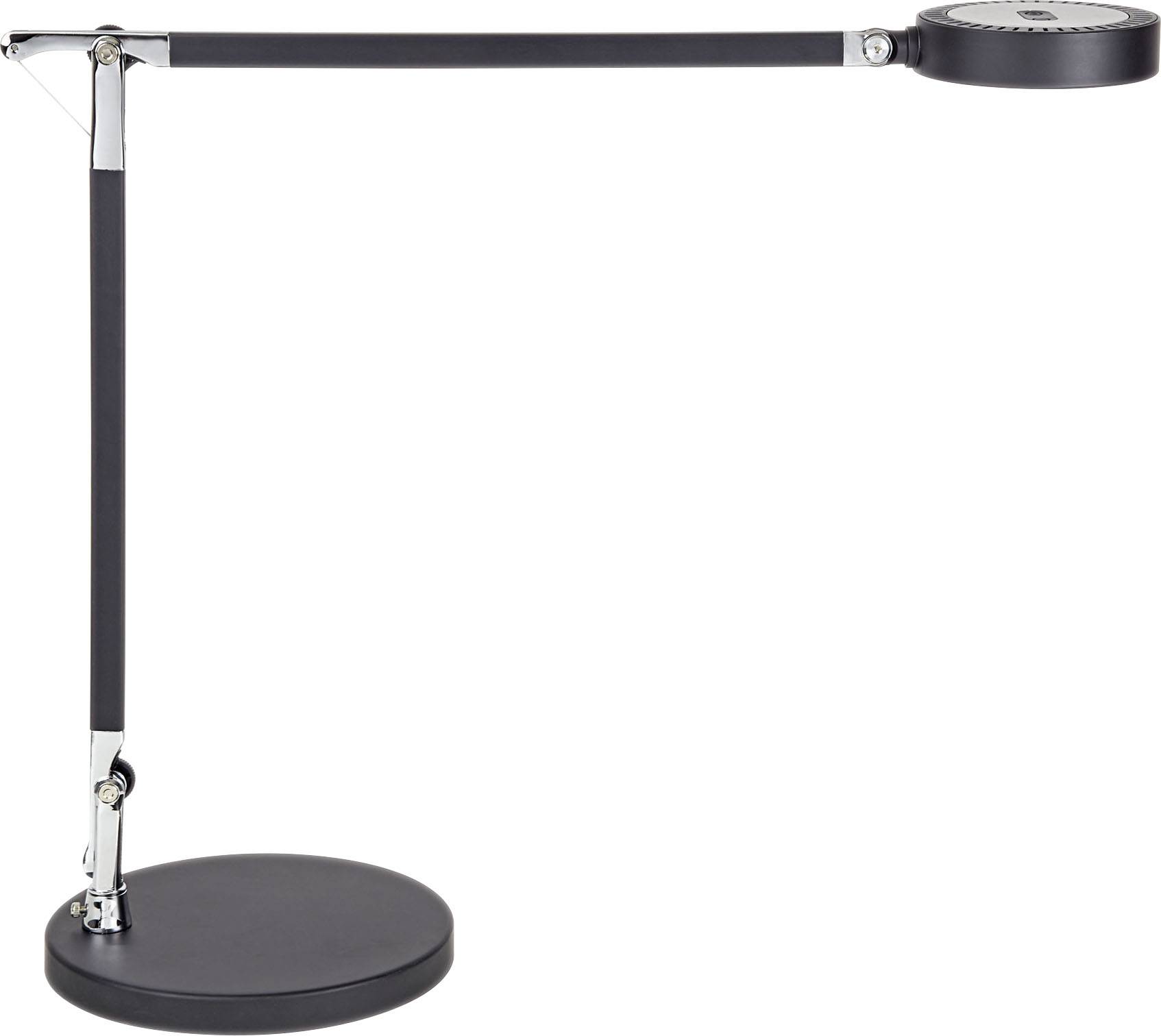 Černá, moderní, nastavitelná stolní lampa s kulatou základnou a stínítkem, vhodná pro psací stoly nebo pracovní prostory.