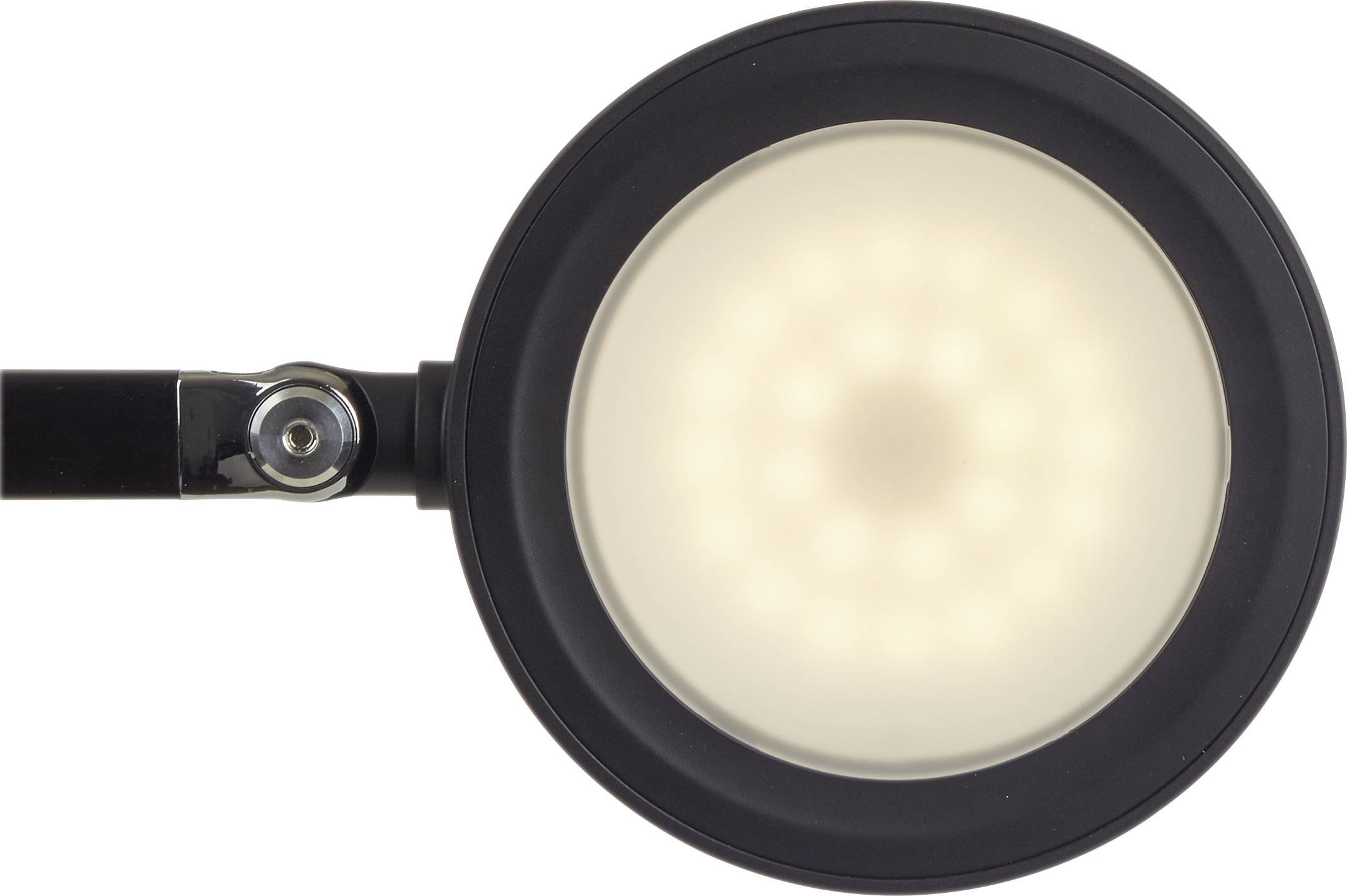 Černý kulatý LED reflektor pohledem shora, který vyzařuje teplé bílé světlo. Ideální pro osvětlení pracovních ploch.