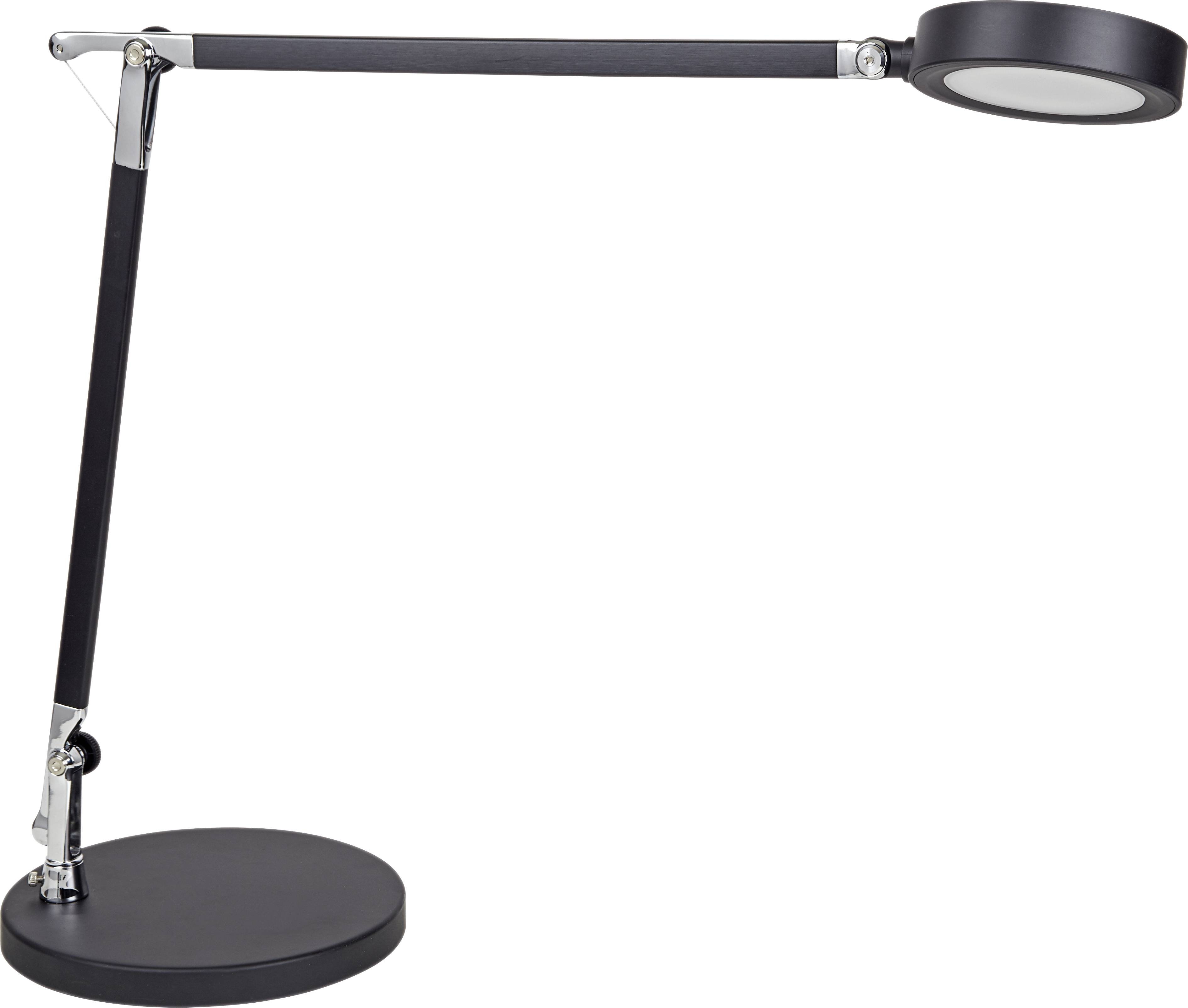 Černá, moderní stolní lampa s kulatou základnou a nastavitelným ramenem, ideální pro čtení nebo práci.